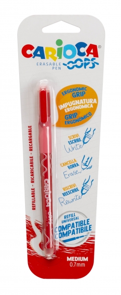 Carioca Oops Penna cancellabile - Inchiostro rosso - Termosensibile - Impugnatura ergonomica triangolare - Punta da Ø 0