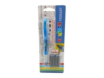 Carioca Primary Confezione da 1 penna a sfera ricaricabile + 4 cartucce - Punta roller in acciaio inossidabile - Dosatore a flusso costante - Colore blu