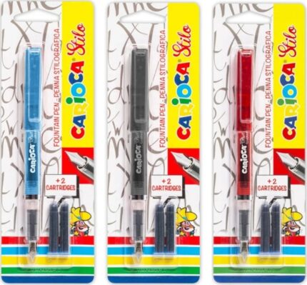 Carioca Confezione da 1 penna stilografica + 2 cartucce - Cartucce standard con inchiostro blu - Scrittura morbida e precisa - Colori del corpo assortiti a caso