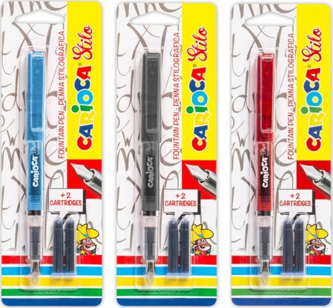 Carioca Confezione da 1 penna stilografica + 2 cartucce - Cartucce standard con inchiostro blu - Scrittura morbida e precisa - Colori del corpo assortiti a caso