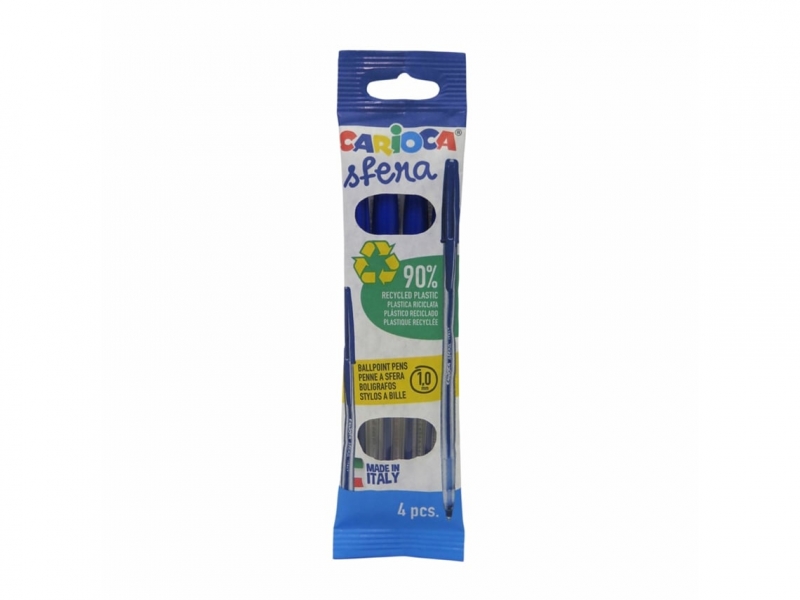 Carioca Sfera Flowpack Confezione da 4 penne a sfera - Punta Ø 1 mm - Cappuccio e retro dello stesso colore dell'inchiostro - Scrittura super scorrevole - Confezione in carta - Colore blu