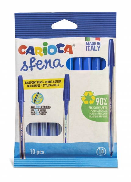 Carioca Sfera Flowpack Confezione da 10 penne a sfera - Punta Ø 1 mm - Cappuccio e retro dello stesso colore dell'inchiostro - Scrittura super scorrevole - Confezione in carta - Colore blu