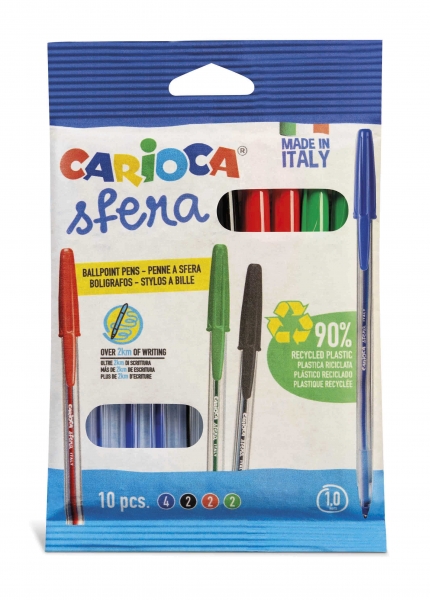 Carioca Sfera Flowpack Confezione da 10 penne a sfera - Punta Ø 1 mm - Cappuccio e retro dello stesso colore dell'inchiostro - Scrittura super scorrevole - Confezione di carta - Colori vari
