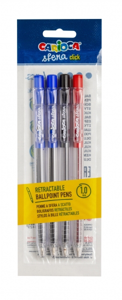 Confezione Carioca Sfera Confezione da 4 penne a sfera a scatto - Punta Ø 1 mm - Penne a sfera a scatto - Clic facile e comodo - Scrittura morbida e fluida - Colori vari