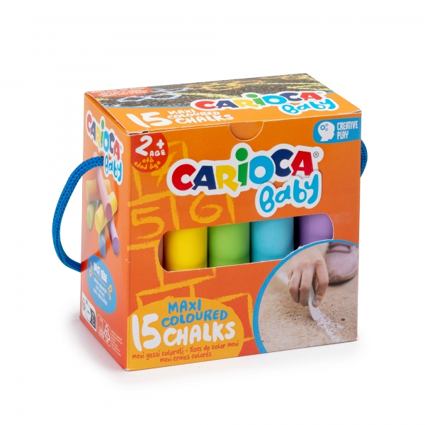 Carioca Gessetti Maxi Multicolor Baby Confezione da 15 gessetti - senza polvere - Certificato a partire dai 24 mesi - Colori brillanti - Lavabili - Facili da cancellare - Contenitore con manico - Colori vari