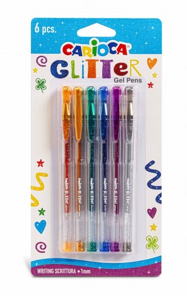 Carioca Glitter Gel Confezione da 6 penne - Punta Ø 1 mm - Inchiostro gel glitterato - per superfici scure - Scrittura brillante e colorata - Colori vari