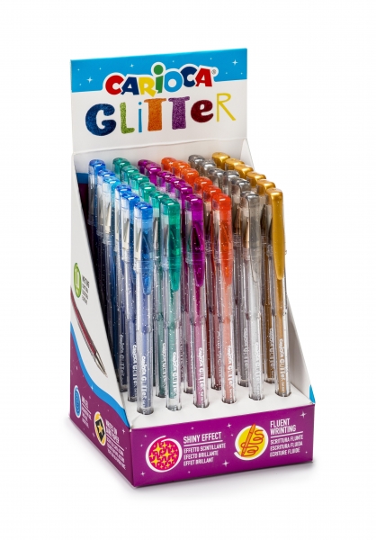 Carioca Glitter Gel Espositore da 36 penne - Punta Ø 1 mm - Inchiostro gel glitterato - per superfici scure - Scrittura brillante e colorata - Colori vari