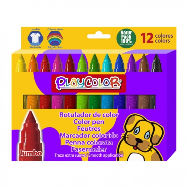 PlayColor Jumbo Basic Confezione da 12 pennarelli a punta grossa extra morbida - Affidabili e sicuri - Punta bloccata - Cappuccio ventilato - Lavabili - Colori assortiti