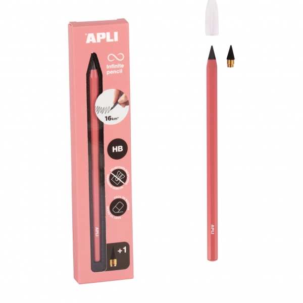 Apli Infinite Pencil Pack di Matita Infinita HB + Miniera di ricambio + Cappuccio protettivo - Per scrivere fino a 16 km - Colore rosa