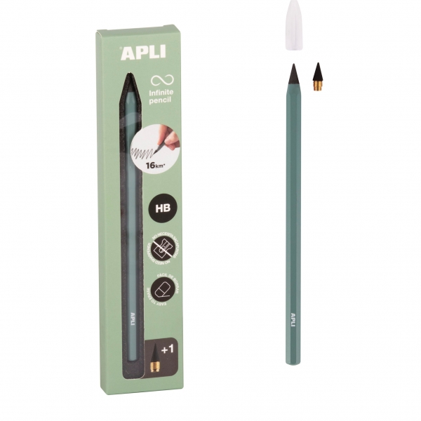 Apli Infinite Pencil Pack con matita Infinito HB + mina di ricambio + cappuccio protettivo - Per scrivere fino a 16 km - Colore verde