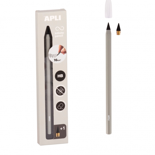Apli Infinite Pencil Pack con matita Infinito HB + mina di ricambio + cappuccio protettivo - Per scrivere fino a 16 km - Colore grigio