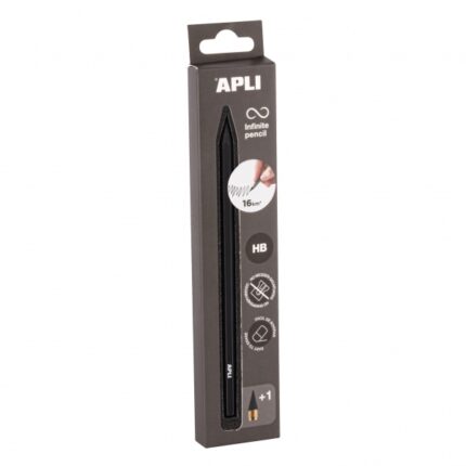 Apli Infinite Pencil Confezione di matite Infinito HB + Minuta di ricambio + Cappuccio protettivo - Per scrivere fino a 16 km - Colore nero