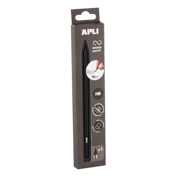 Apli Infinite Pencil Confezione di matite Infinito HB + Minuta di ricambio + Cappuccio protettivo - Per scrivere fino a 16 km - Colore nero