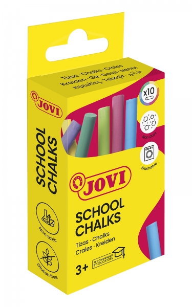 Jovi School Chalks Confezione da 10 gessetti - Compatti - Senza polvere - Materie prime naturali - Tratti nitidi - Facili da cancellare - Resistenti - Poca polvere residua - Colori assortiti