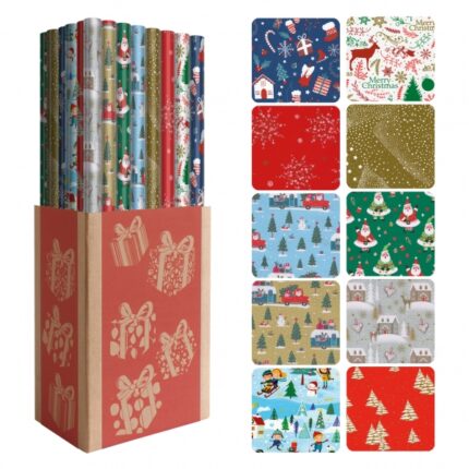 Dohe Natale Espositore da 50 rotoli di carta da regalo - 10 disegni diversi - 5 rotoli per disegno - Dimensioni del rotolo 0
