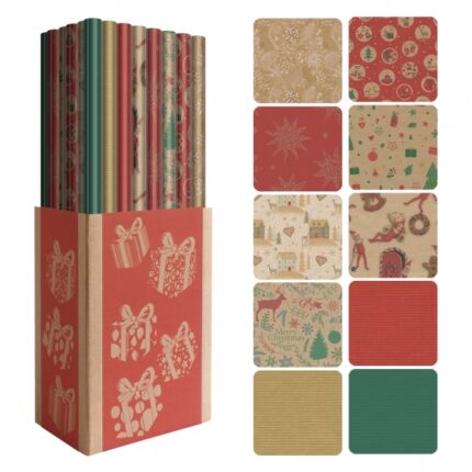Dohe Natale Kraft Espositore da 50 rotoli di carta da regalo - 10 disegni diversi - 5 rotoli per disegno - Dimensioni del rotolo 0