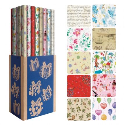 Dohe Everyday Espositore da 50 rotoli di carta da regalo - 10 disegni diversi - 5 rotoli per disegno - Dimensioni del rotolo 0
