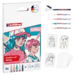 Set acrilico Edding Manga Confezione da 4 pennarelli 5300 + 1 pennarello 1800 + 6 cartoncini bianchi + 3 sagome + 1 opuscolo con istruzioni - Colori assortiti
