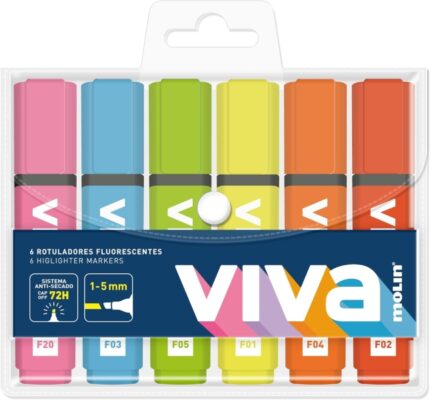 Molin Viva Confezione da 6 pennarelli fluorescenti - Tratto da 1 a 5 mm - Inchiostro a base d'acqua - Colori assortiti