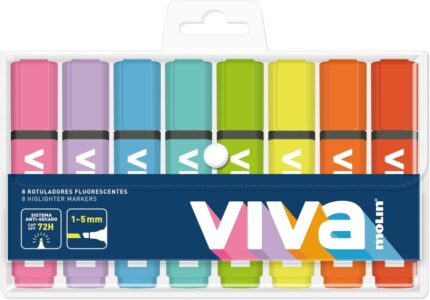 Molin Viva Confezione da 8 evidenziatori fluorescenti - Tratto da 1 a 5 mm - Inchiostro a base d'acqua - Colori assortiti