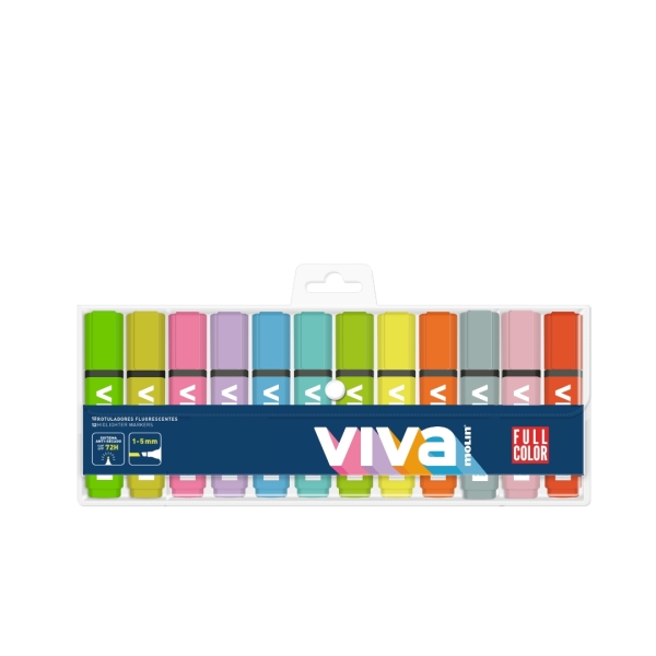 Molin Viva Confezione da 12 evidenziatori fluorescenti - Larghezza tratto da 1 a 5 mm - Inchiostro a base d'acqua - Colori assortiti