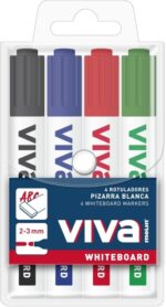 Molin Viva Confezione da 4 pennarelli per lavagna bianca - Punta tonda in fibra sintetica - Tratto 3 mm - Inchiostro a base alcolica - Colori assortiti