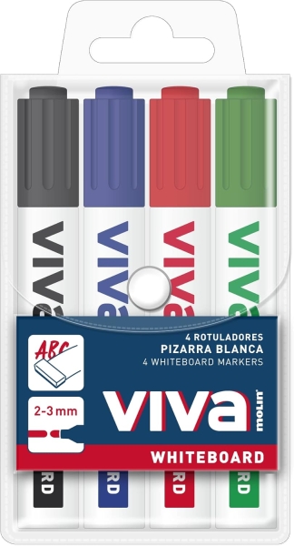 Molin Viva Confezione da 4 pennarelli per lavagna bianca - Punta tonda in fibra sintetica - Tratto 3 mm - Inchiostro a base alcolica - Colori assortiti