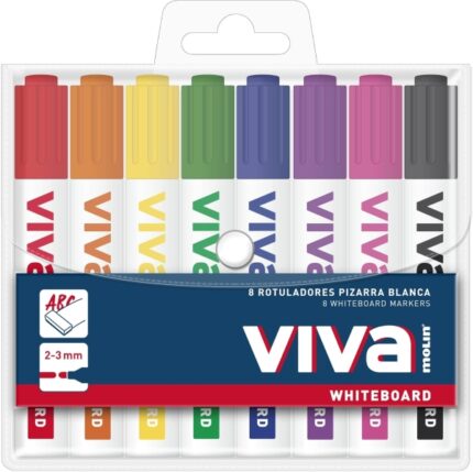 Molin Viva Confezione da 8 pennarelli per lavagna bianca - Punta tonda in fibra sintetica - Tratto 3 mm - Inchiostro a base alcolica - Colori assortiti