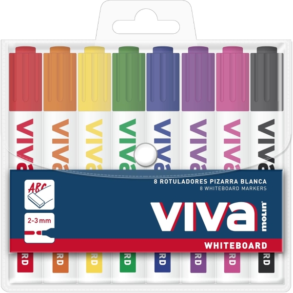 Molin Viva Confezione da 8 pennarelli per lavagna bianca - Punta tonda in fibra sintetica - Tratto 3 mm - Inchiostro a base alcolica - Colori assortiti