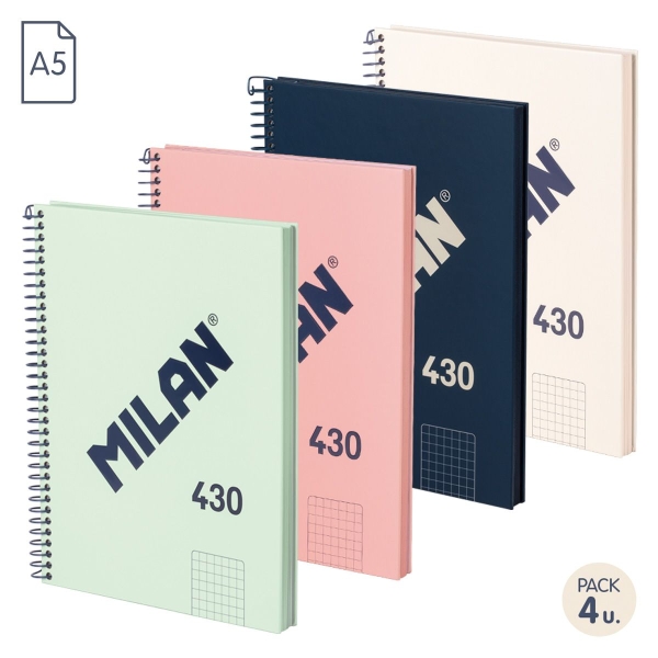 Milan Serie 1918 Confezione da 4 quaderni a spirale formato A5 griglia 5x5 mm - 80 fogli da 95 g/m² - Microperforati
