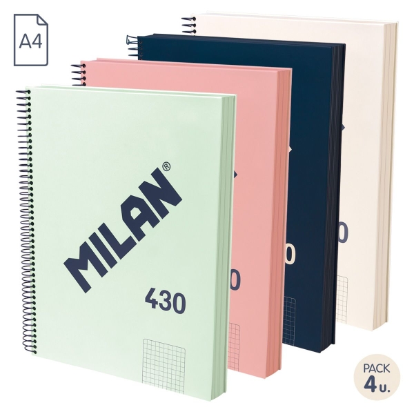 Milan Serie 1918 Confezione da 4 quaderni a spirale formato A4 griglia 5x5 mm - 120 fogli da 95 g/m² - Microperforati