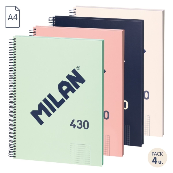 Milan Serie 1918 Confezione da 4 quaderni a spirale formato A4 griglia 5x5 mm - 80 fogli da 95 g/m² - Microperforati