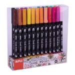 Apli Brush Marker Confezione da 24 pennarelli acquerellabili a doppia punta - Punta a pennello da 1-4 mm e punta tonda da 1 mm - Inchiostro a base d'acqua inodore e atossico - Colori assortiti