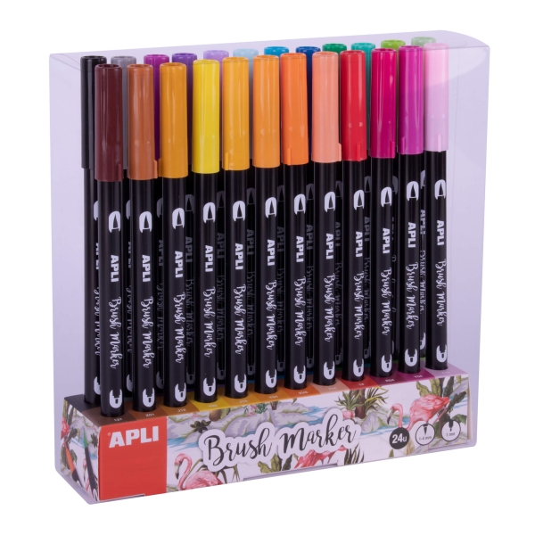 Apli Brush Marker Confezione da 24 pennarelli acquerellabili a doppia punta - Punta a pennello da 1-4 mm e punta tonda da 1 mm - Inchiostro a base d'acqua inodore e atossico - Colori assortiti Apli Brush Marker Confezione da 24 pennarelli acquerellabili a doppia punta - Punta a pennello da 1-4 mm e punta tonda da 1 mm - Inchiostro a base d'acqua inodore e atossico - Colori assortiti