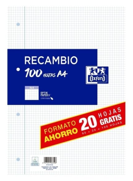Ricarica Oxford formato A4 a quadretti 4x4 mm con 4 fori - 80 fogli + 20 in omaggio 90 g con margine