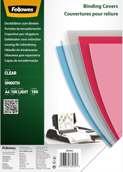 Fellowes Confezione da 100 copertine per rilegatura in polietilene A4 180 micron - Prodotto riciclabile - Trasparenti