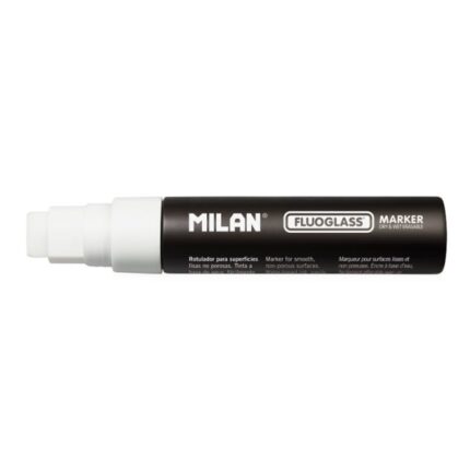 Milan Fluoglass Pennarello per superfici lisce - Punta piatta - Tratto da 8 a 15 mm - Inchiostro a base d'acqua - Facile da cancellare - Colore bianco
