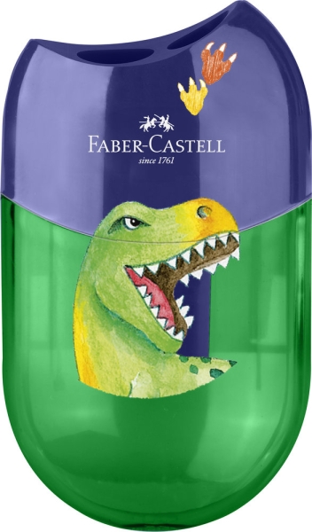 Faber-Castell Dinosaurio Temperamatite a 2 fori con contenitore - Accattivante design a forma di dinosauro - Colore verde/blu