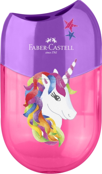 Faber-Castell Unicorno Temperamatite a 2 fori con contenitore - Accattivante design a forma di unicorno - Colore rosa/viola