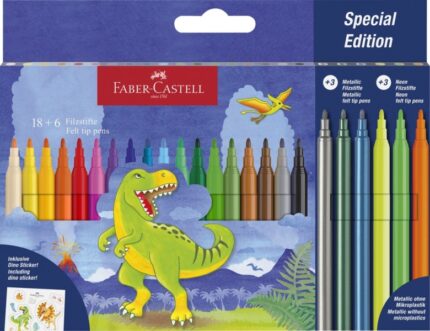 Faber-Castell Edizione Dinosauri Confezione da 24 pennarelli colorati - 18 colori classici + 3 colori metallizzati + 3 colori neon - Include adesivi di dinosauri - Inchiostro a base d'acqua - Colori assortiti