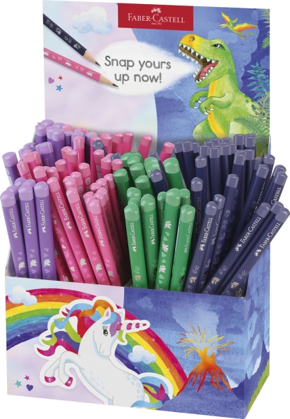 Faber-Castell Espositore da 120 matite di grafite HB - Disegni con motivi di dinosauri e unicorni - Colori assortiti