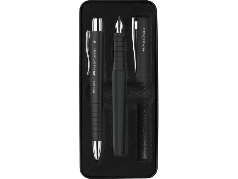 Faber-Castell Poly Pack con penna a sfera Poly Ball e penna stilografica Poly Pen con pennino B - Clip in metallo - Colore nero