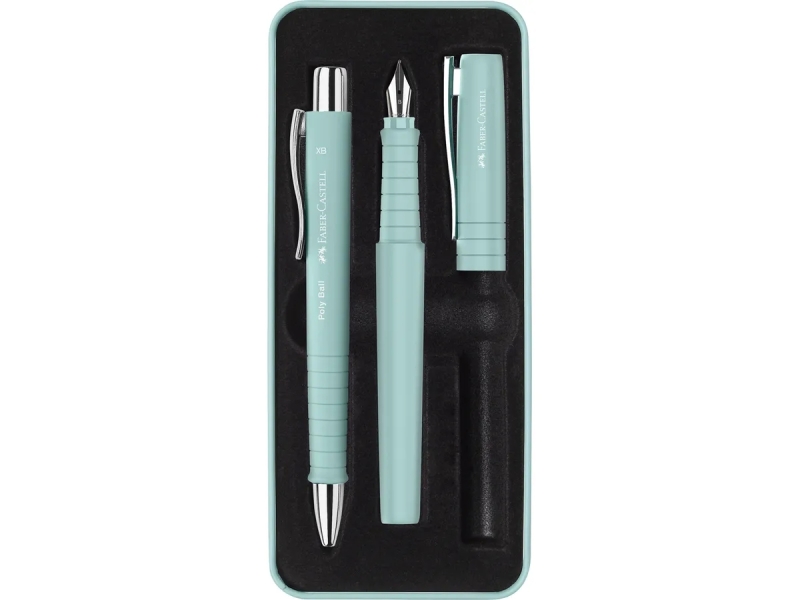 Faber-Castell Poly Pack con penna a sfera Poly Ball e penna stilografica Poly Pen con pennino B - Clip in metallo - Colore verde chiaro