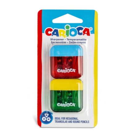 Carioca Confezione da 2 mini temperamatite a 2 fori con contenitore - Tappo di sicurezza sulla lama - Colori assortiti a caso