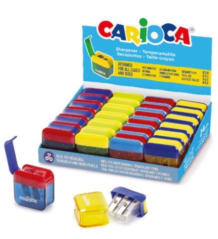 Carioca Espositore con 24 mini temperamatite a 2 fori con contenitore - Tappo di sicurezza sulla lama - Colori assortiti a caso