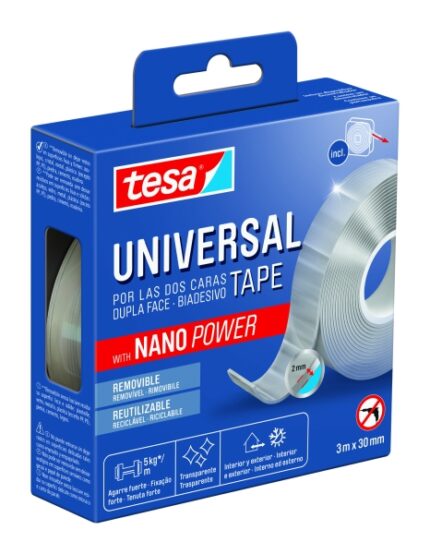 Nastro biadesivo universale Tesa con Nano Power 30 mm x 3 metri - Resistente a carichi pesanti - Rimuovibile senza lasciare residui - Riutilizzabile - Per interni ed esterni - Trasparente