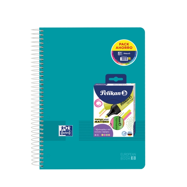 Oxford Europeanbook 8 Live & Go Confezione di quaderni a spirale A4+ 160 fogli a quadretti 5x5 + 4 evidenziatori Texmarker 490 Pelikan - 8 colori - Copertina in plastica resistente - Colori assortiti
