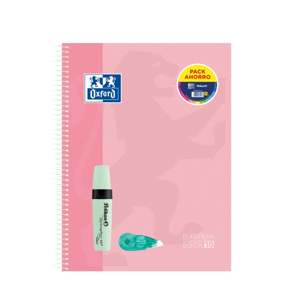 Oxford Europeanbook 10 Touch Quaderno A4+ a quadretti 5x5 mm 150 fogli + Evidenziatore Texmarker 490 Pastello Pelikan + Correttore Fancy Roller Pelikan - Copertina estraibile - 10 strisce colorate - Colori pastello assortiti