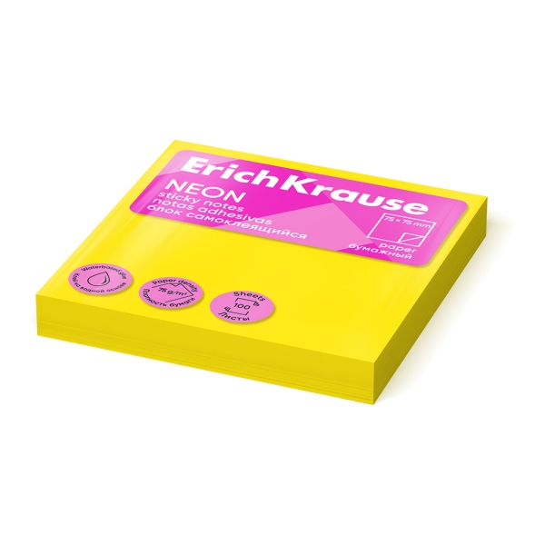 ErichKrause Blocco da 100 post-it 75x75 mm - Rimovibili - Colore giallo neon