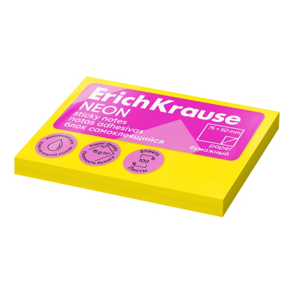 ErichKrause Blocco da 100 foglietti adesivi 50x75 mm - Rimovibili - Colore giallo neon